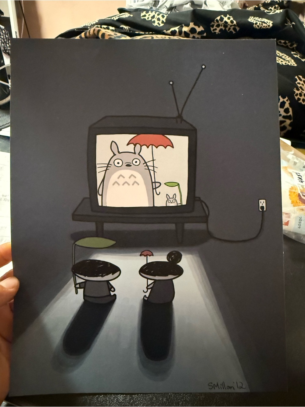 Dark Gray Totoro TV Screen Art Print - Whimsical Home Wall Decor